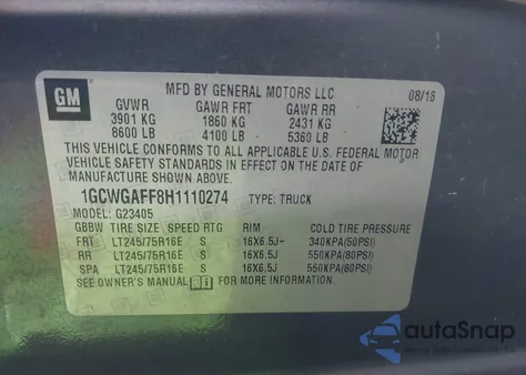 2017 Chevrolet Express 2500 Work Van z USA, uszkodzony, nr VIN 1GCWGAFF8H1110274